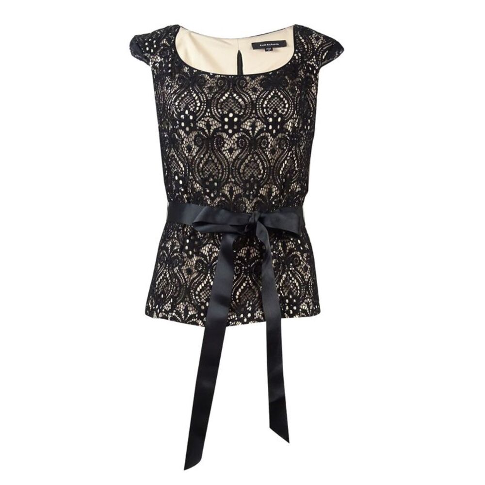 R&M Richards Women's Belted Sequined Lace Zip Top - Black/Taupe